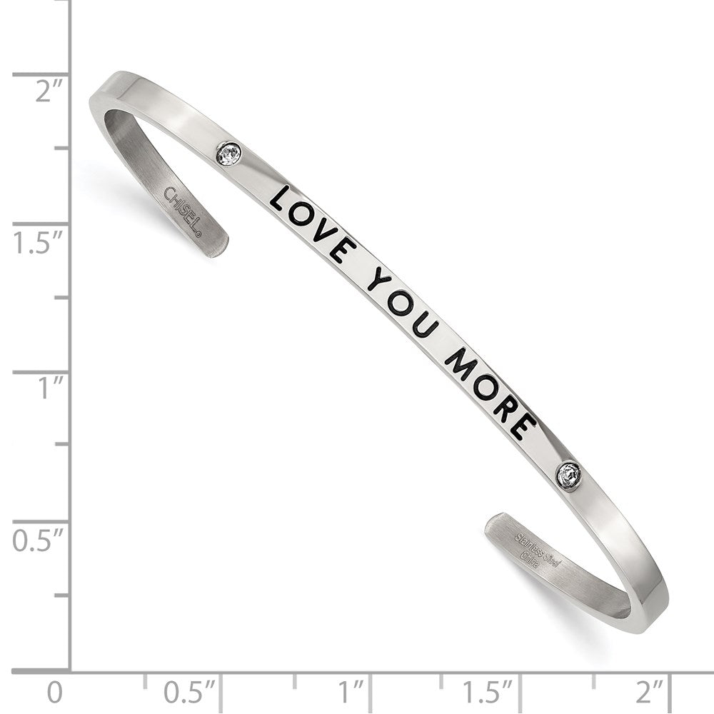 Chisel Stainless Steel Polished and Enameled with Crystal LOVE YOU MORE 3mm Cuff Bangle SRB2675