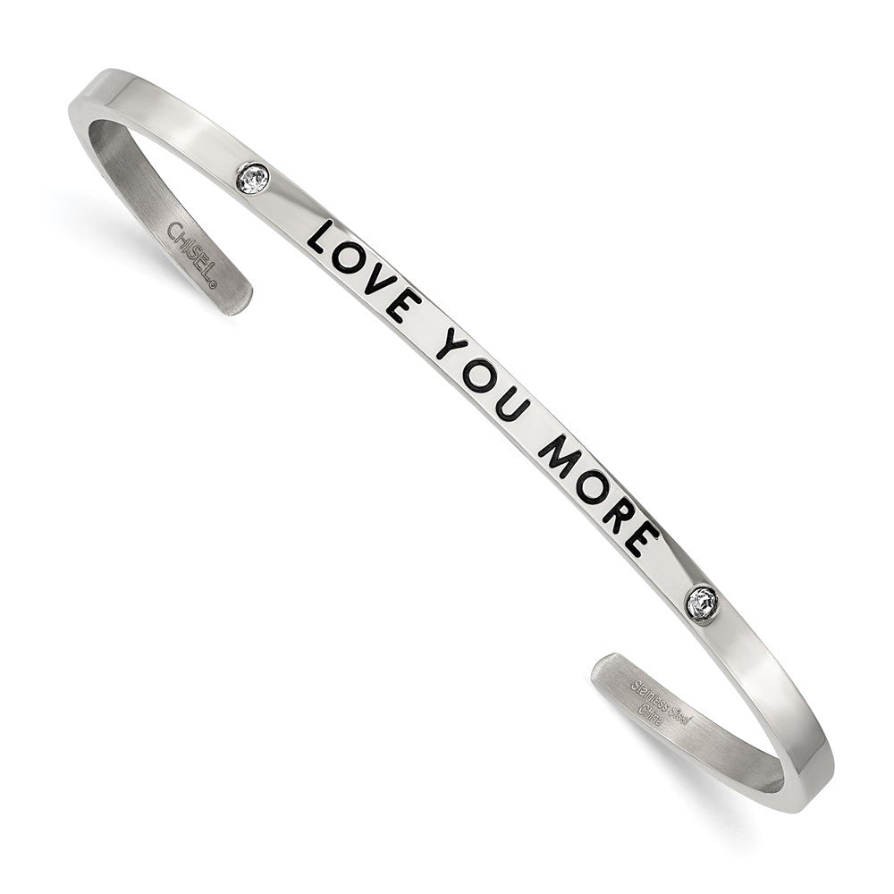 Chisel Stainless Steel Polished and Enameled with Crystal LOVE YOU MORE 3mm Cuff Bangle SRB2675