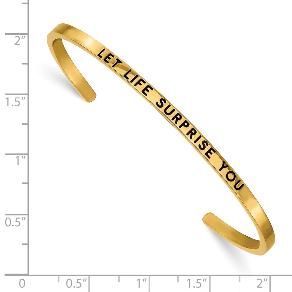 Chisel Stainless Steel Polished Yellow IP-plated and Enameled with Crystal LET LIFE SURPRISE YOU 3mm Cuff Bangle SRB2677