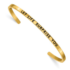 Chisel Stainless Steel Polished Yellow IP-plated and Enameled with Crystal LET LIFE SURPRISE YOU 3mm Cuff Bangle SRB2677