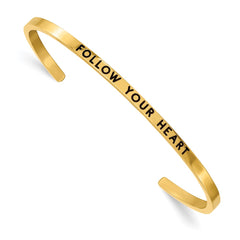 Chisel Stainless Steel Polished Yellow IP-plated and Enameled with Crystal FOLLOW YOUR HEART 3mm Cuff Bangle SRB2678