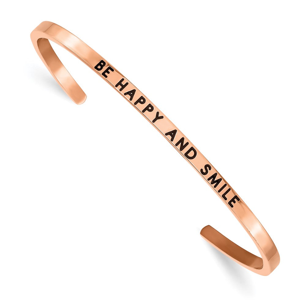 Chisel Stainless Steel Polished Rose IP-plated and Enameled with Crystal BE HAPPY AND SMILE 3mm Cuff Bangle SRB2681