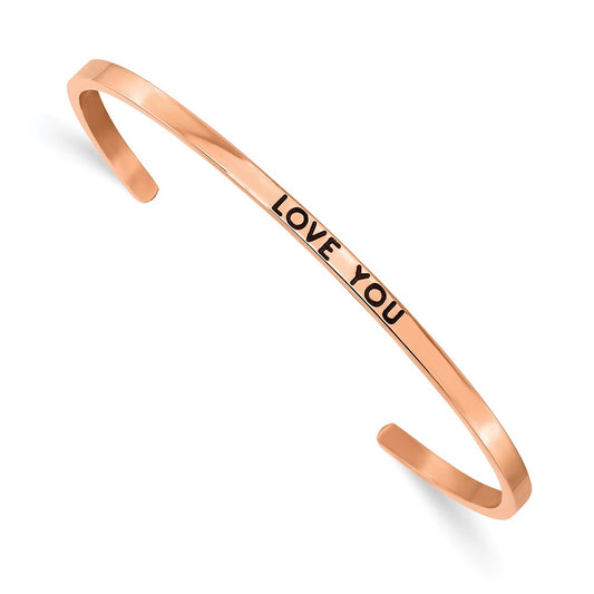 Chisel Stainless Steel Polished Rose IP-plated and Enameled with Crystal LOVE YOU 3mm Cuff Bangle SRB2682