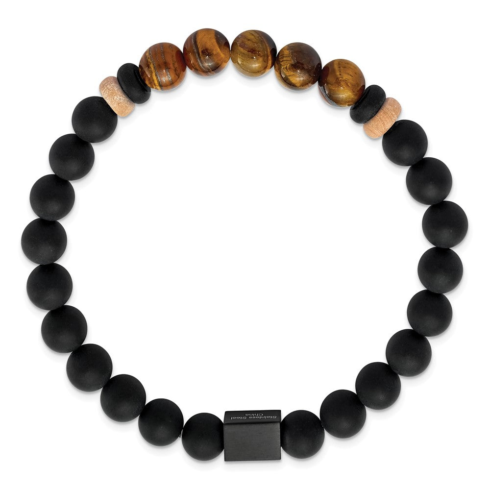 Chisel Stainless Steel Brushed Black IP-plated 8mm Black Agate and Tiger's Eye Beaded Stretch Bracelet SRB2710