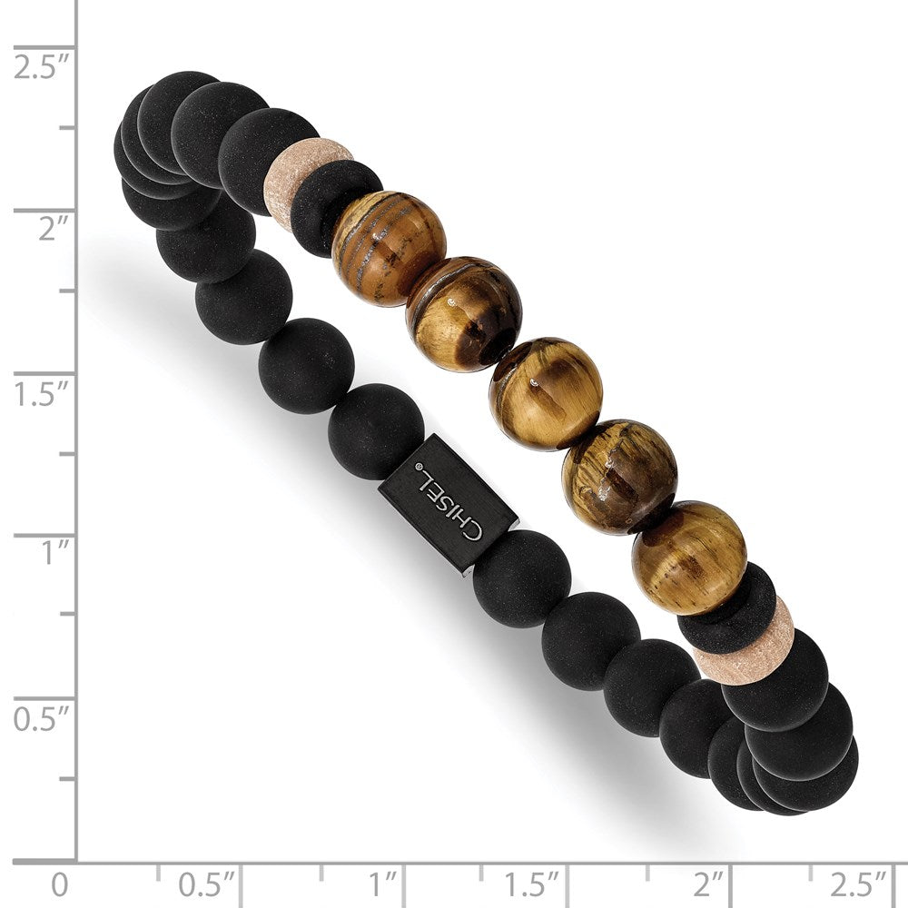 Chisel Stainless Steel Brushed Black IP-plated 8mm Black Agate and Tiger's Eye Beaded Stretch Bracelet SRB2710
