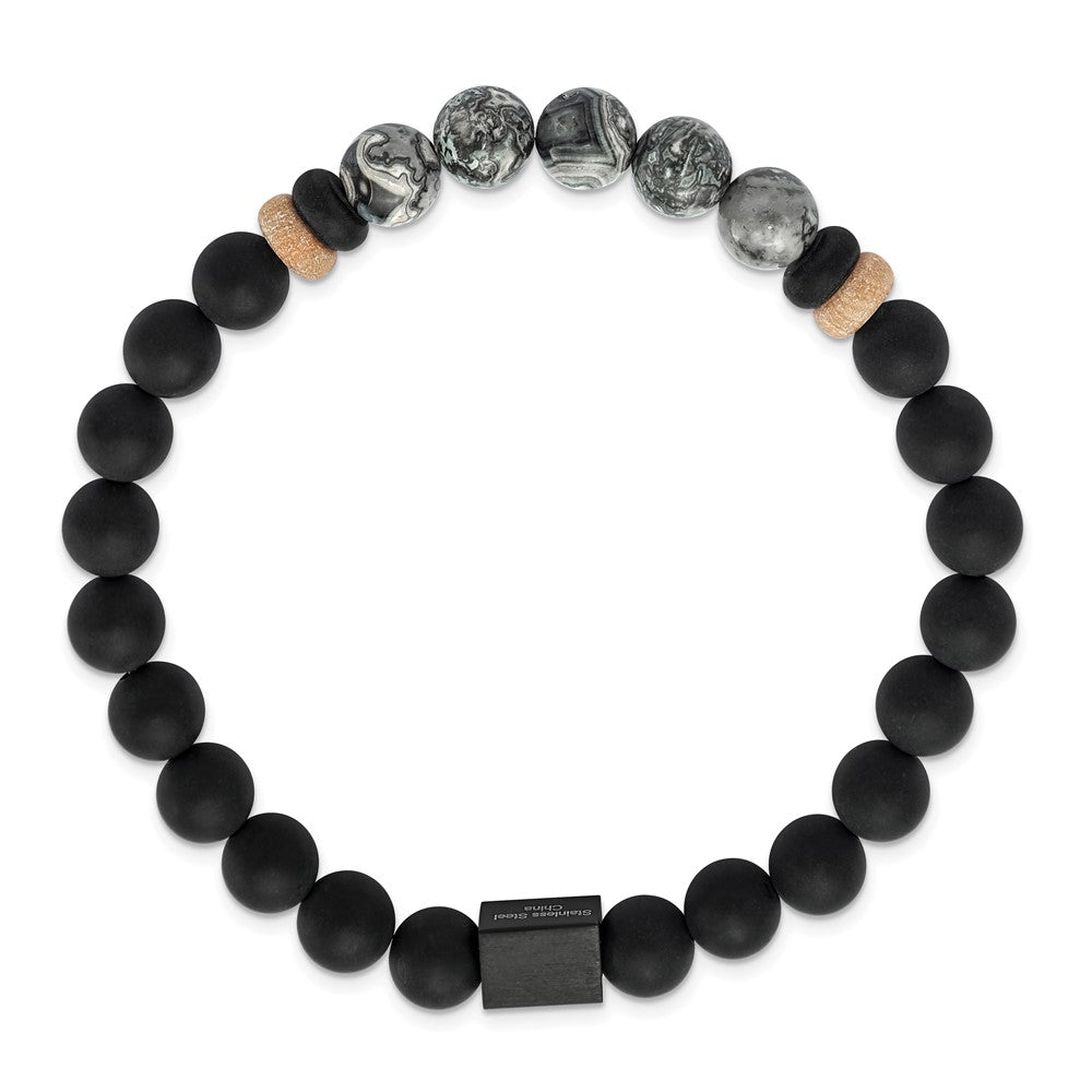 Chisel Stainless Steel Brushed Black IP-plated 8mm Black Agate and Grey Jasper Beaded Stretch Bracelet SRB2712