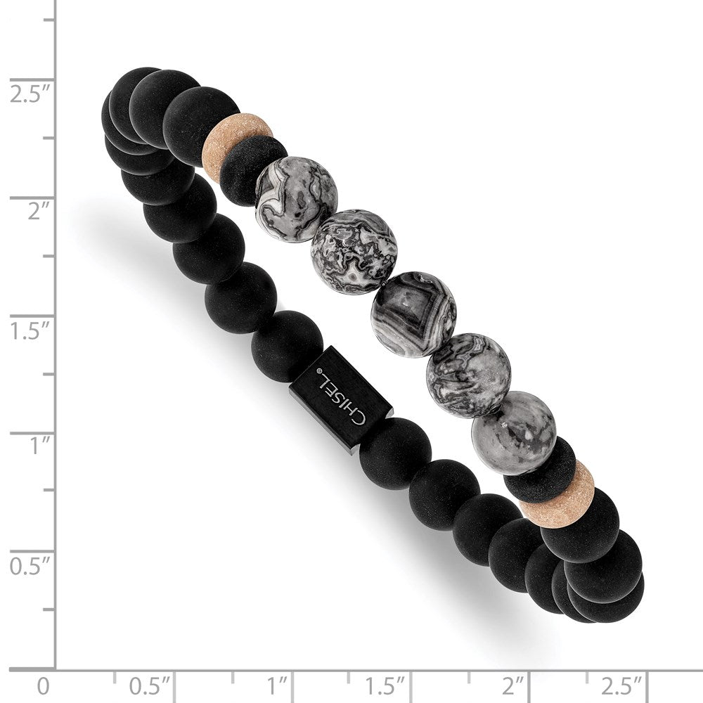 Chisel Stainless Steel Brushed Black IP-plated 8mm Black Agate and Grey Jasper Beaded Stretch Bracelet SRB2712