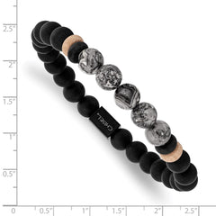 Chisel Stainless Steel Brushed Black IP-plated 8mm Black Agate and Grey Jasper Beaded Stretch Bracelet SRB2712