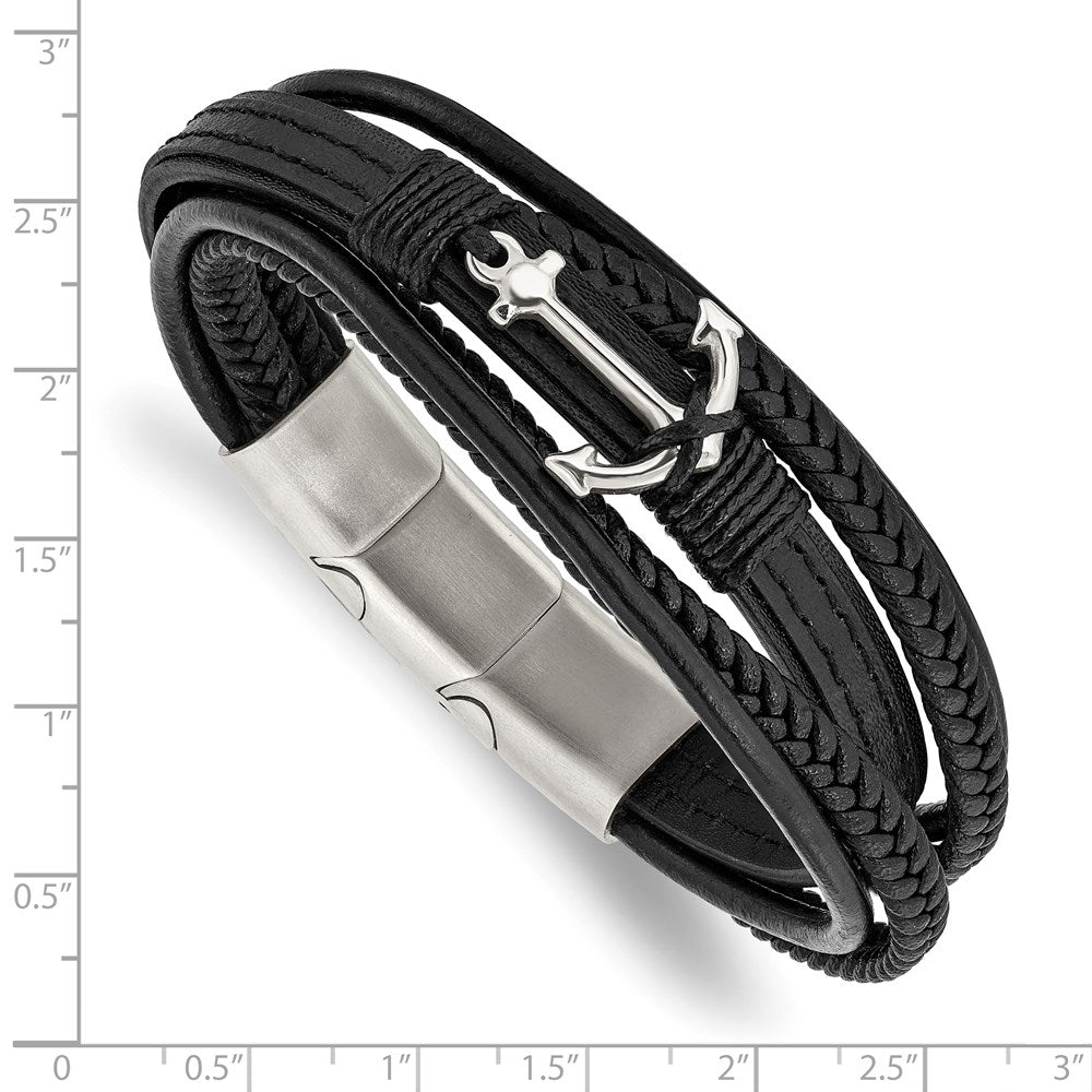 Chisel Stainless Steel Polished Anchor Black PU Leather 7.75 inch Bracelet with .5 inch Extension SRB2714-7.75