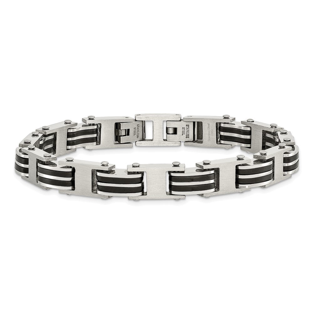 Chisel Stainless Steel Brushed and Polished with Black Rubber 7.75 inch Link Bracelet with .5 inch Extension SRB2717-7.75
