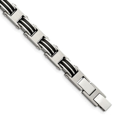 Chisel Stainless Steel Brushed and Polished with Black Rubber 7.75 inch Link Bracelet with .5 inch Extension SRB2717-7.75