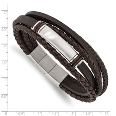 Chisel Stainless Steel Brushed Multi Strand Brown PU Leather and Rubber 8 inch ID Bracelet with .5 inch Extension SRB2718-8
