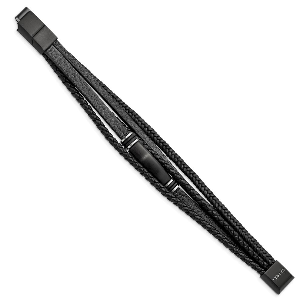 Chisel Stainless Steel Brushed Black IP-plated Multi Strand Black PU Leather and Rubber 8 inch ID Bracelet with .5 inch Extension SRB2719-8