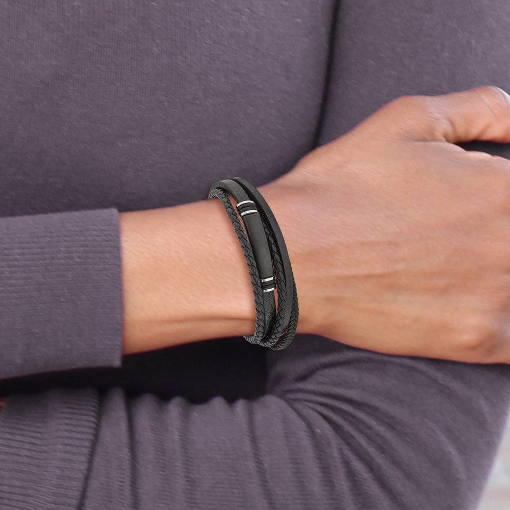 Chisel Stainless Steel Brushed Black IP-plated Multi Strand Black PU Leather and Rubber 8 inch ID Bracelet with .5 inch Extension SRB2719-8