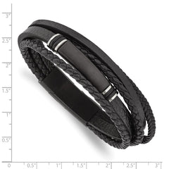 Chisel Stainless Steel Brushed Black IP-plated Multi Strand Black PU Leather and Rubber 8 inch ID Bracelet with .5 inch Extension SRB2719-8
