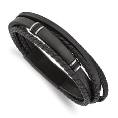 Chisel Stainless Steel Brushed Black IP-plated Multi Strand Black PU Leather and Rubber 8 inch ID Bracelet with .5 inch Extension SRB2719-8
