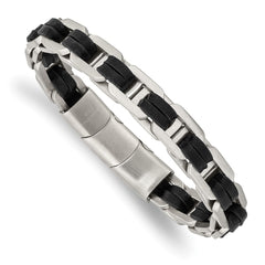 Chisel Stainless Steel Brushed with Black PU Leather 7.75 inch Bracelet with .5 inch Extension SRB2720-7.75