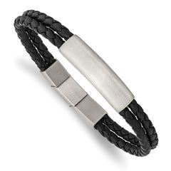 Chisel Stainless Steel Brushed Braided Black Leather Multi Strand 8 inch Plus .5 inch Extenstion Bracelet SRB2722-8