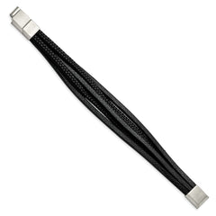 Chisel Stainless Steel Polished Multi Strand Black PU Leather 8 inch Bracelet with .5 inch Extension SRB2724-8