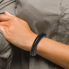 Chisel Stainless Steel Polished Multi Strand Black PU Leather 8 inch Bracelet with .5 inch Extension SRB2724-8
