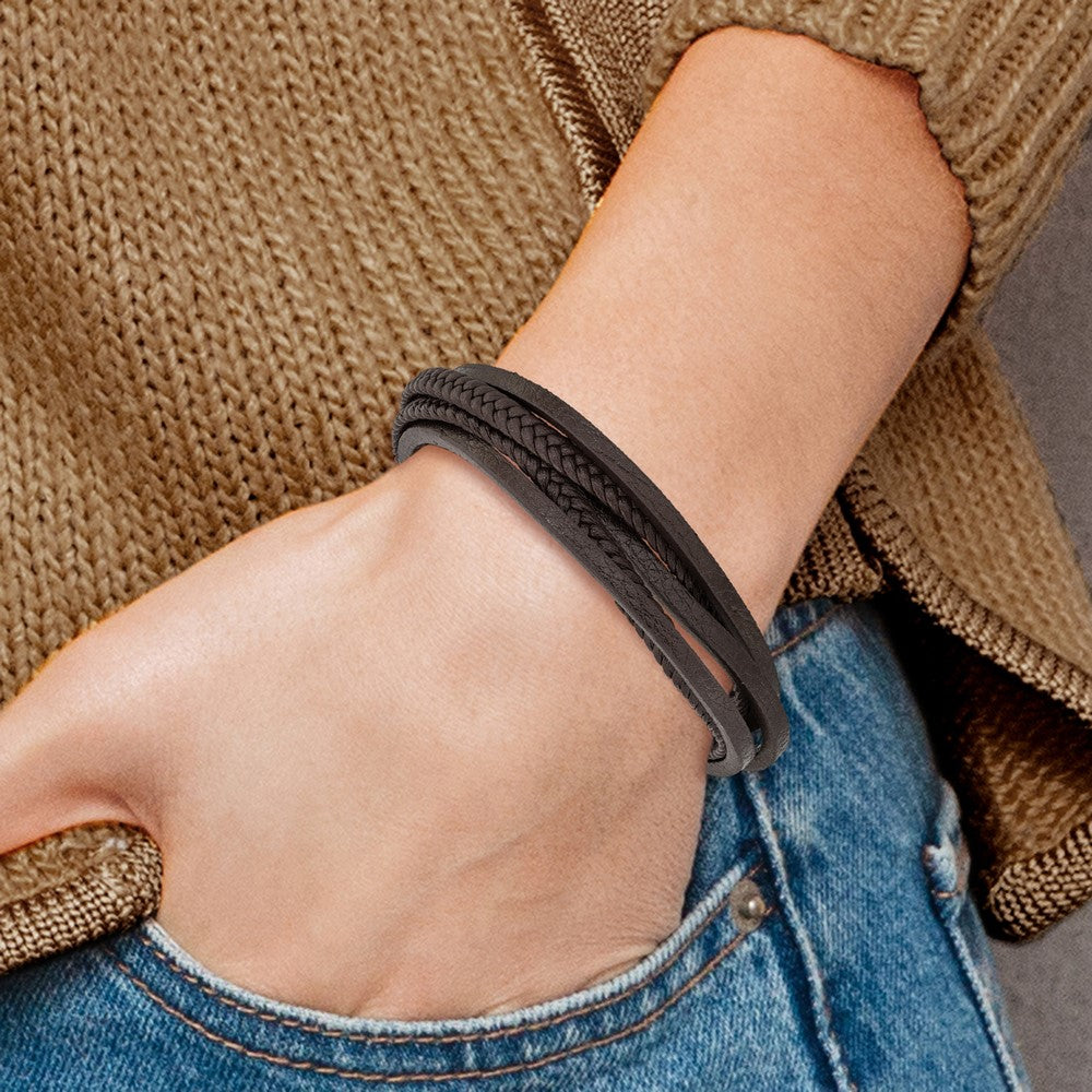 Chisel Stainless Steel Polished Multi Strand Brown PU Leather 8 inch Bracelet with .5 inch Extension SRB2725-8