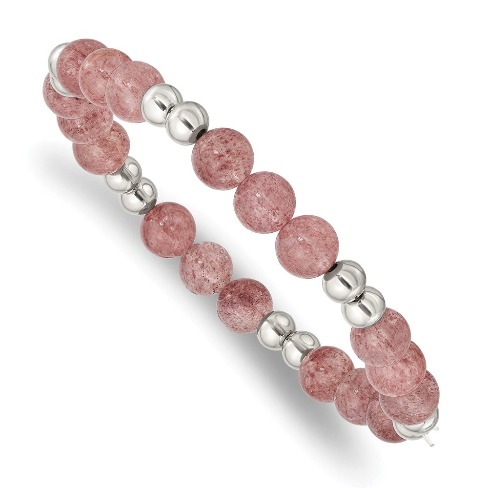 Chisel Stainless Steel Polished 6-8mm Strawberry Quartz Beaded Stretch Bracelet SRB2729