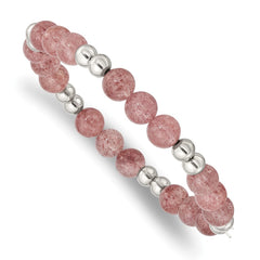 Chisel Stainless Steel Polished 6-8mm Strawberry Quartz Beaded Stretch Bracelet SRB2729