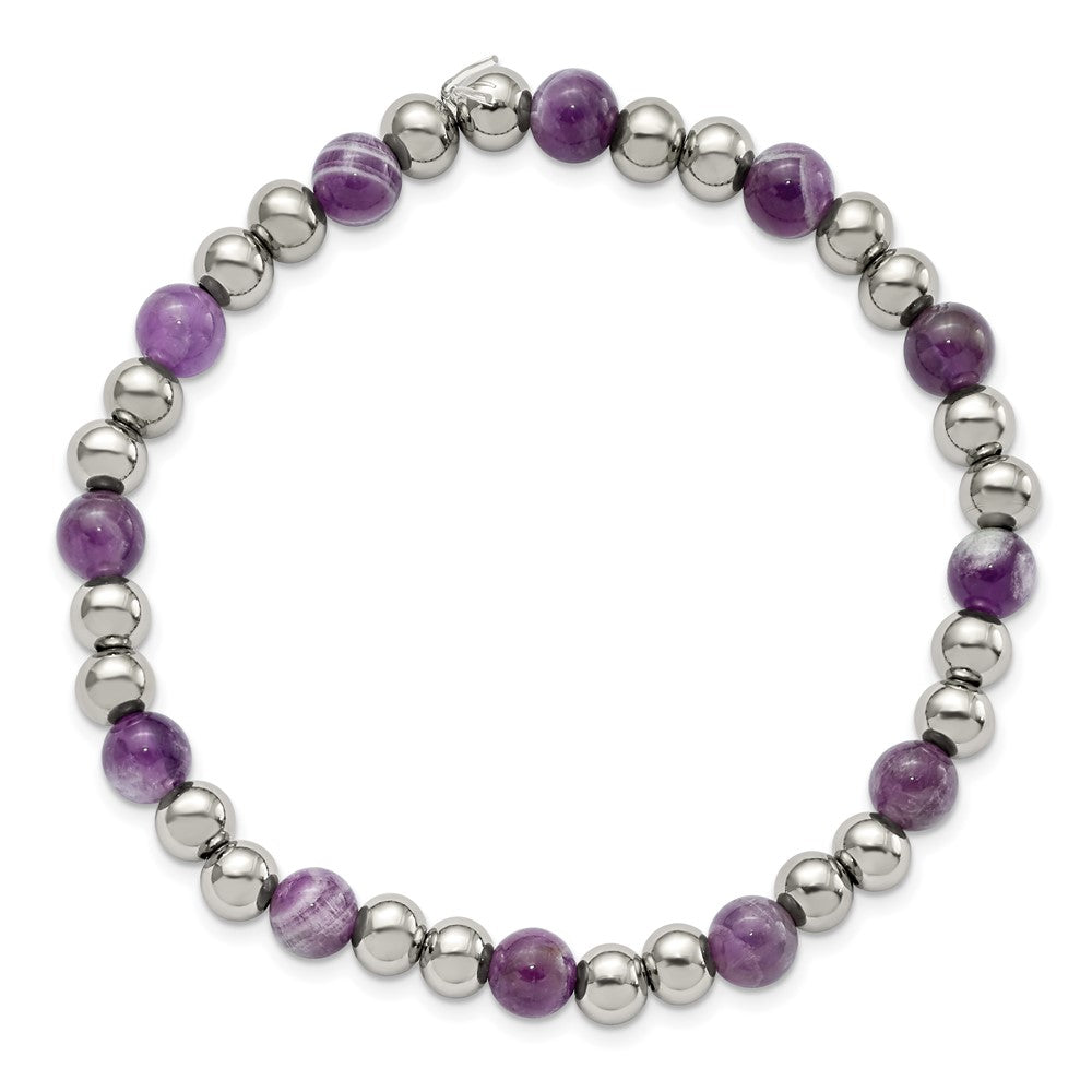 Chisel Stainless Steel Polished 6mm Purple Zebra Amethyst Beaded Stretch Bracelet SRB2736