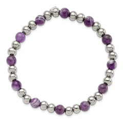 Chisel Stainless Steel Polished 6mm Purple Zebra Amethyst Beaded Stretch Bracelet SRB2736