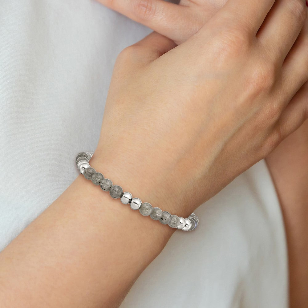 Chisel Stainless Steel 6mm Polished Grey Quartz Beaded Stretch Bracelet SRB2737