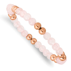 Chisel Stainless Steel Polished Rose IP-plated 6mm Pink Quartz Beaded Stretch Bracelet SRB2738