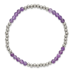 Chisel Stainless Steel Polished 4mm Purple Zebra Amethyst Beaded Stretch Bracelet SRB2740