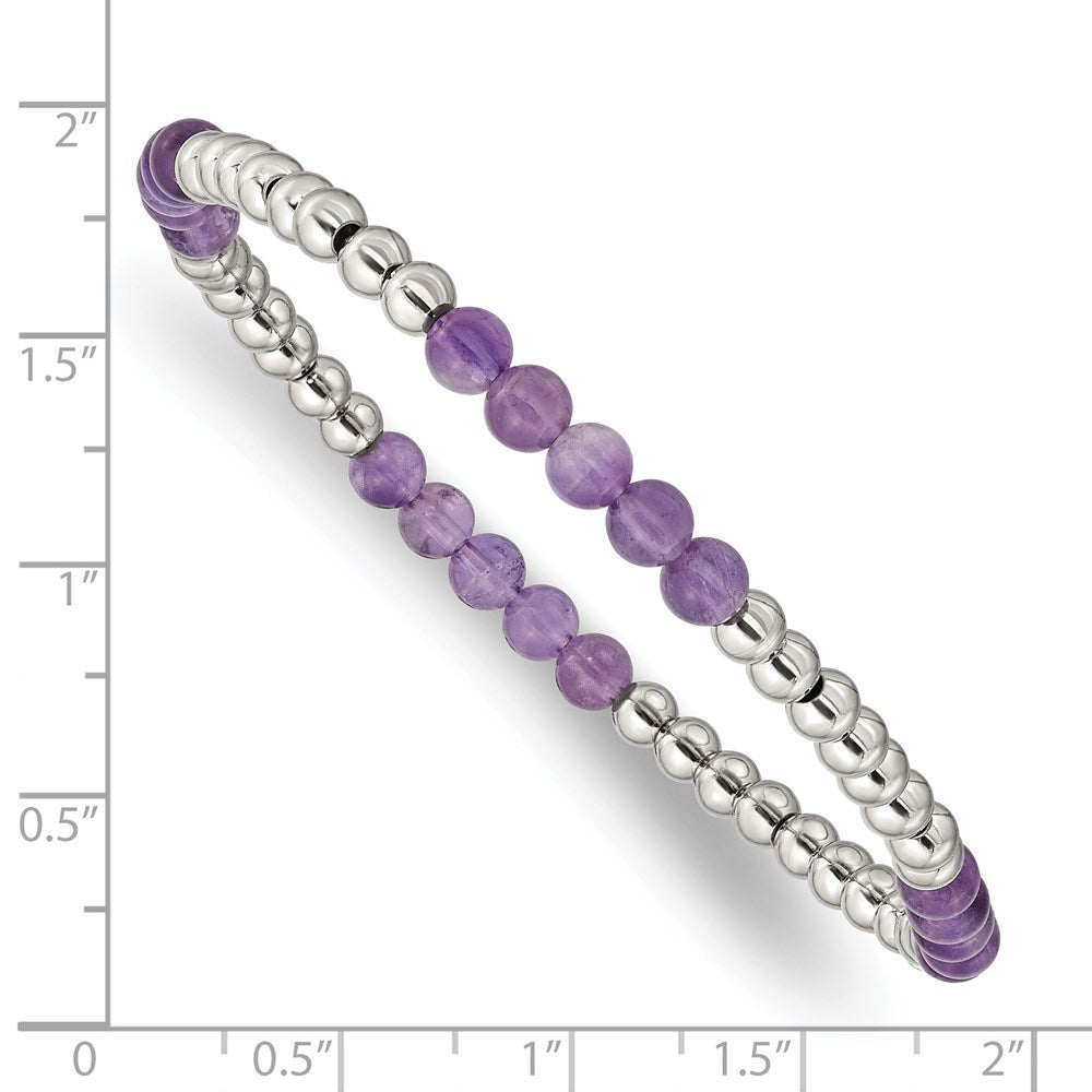 Chisel Stainless Steel Polished 4mm Purple Zebra Amethyst Beaded Stretch Bracelet SRB2740