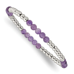 Chisel Stainless Steel Polished 4mm Purple Zebra Amethyst Beaded Stretch Bracelet SRB2740