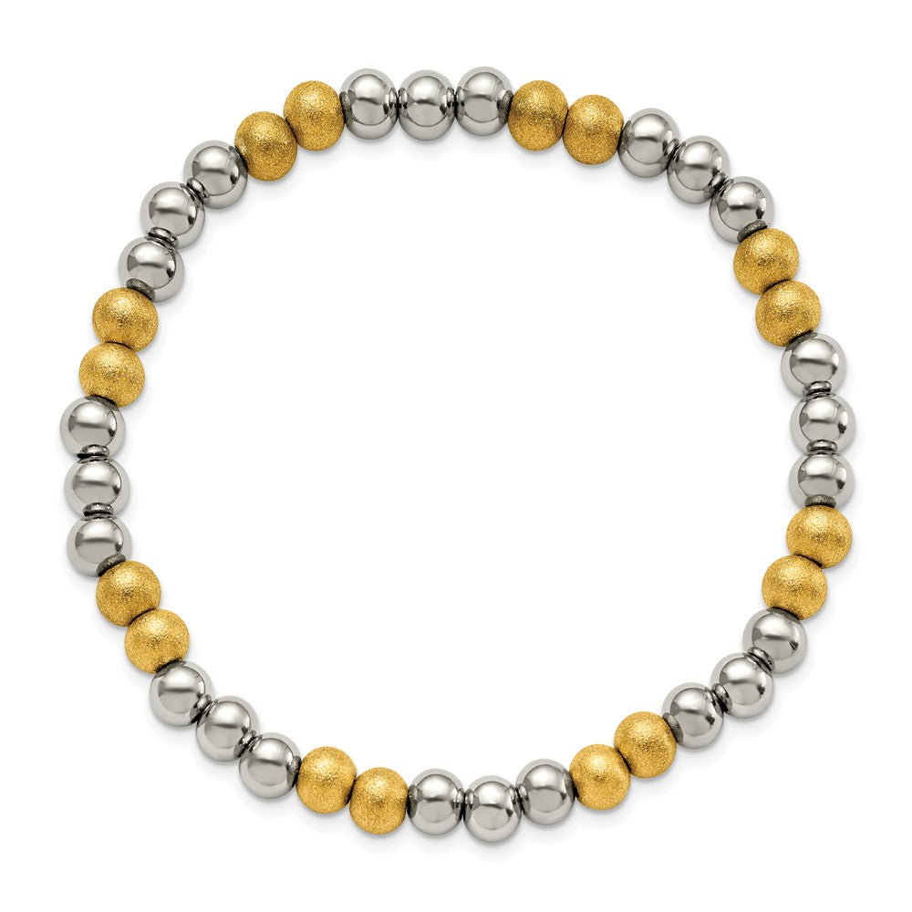 Chisel Stainless Steel Polished Yellow IP-plated Sandblasted 6mm Beaded Stretch Bracelet SRB2742
