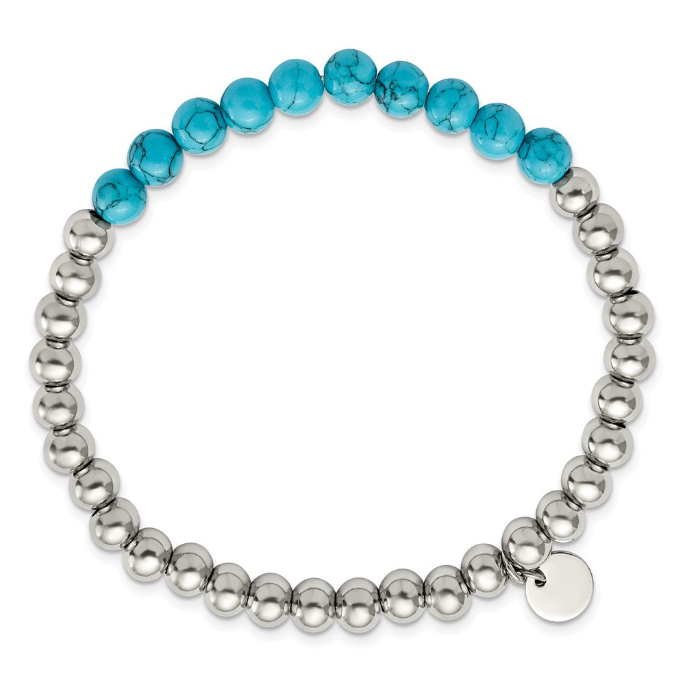 Chisel Stainless Steel Polished 6mm Synthetic Turquoise Beaded Stretch Bracelet SRB2747