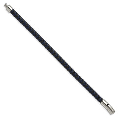 Chisel Stainless Steel Polished Black and Blue Braided Leather 8.25 inch Bracelet SRB2760-8.25