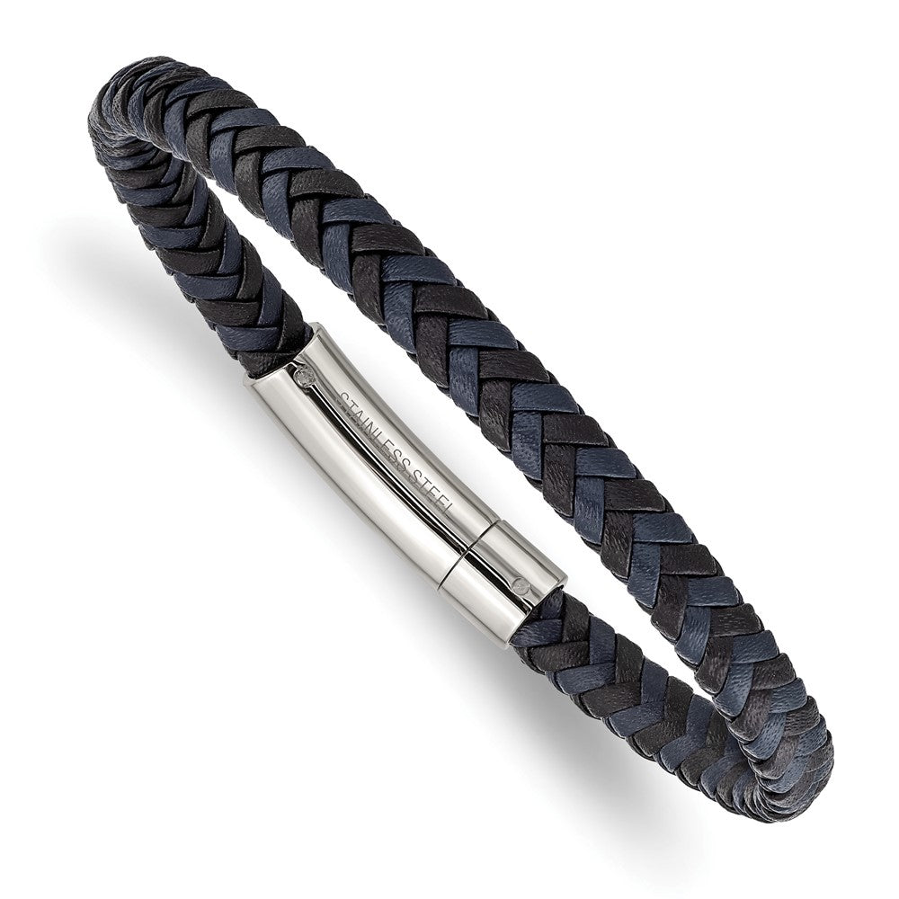 Chisel Stainless Steel Polished Black and Blue Braided Leather 8.25 inch Bracelet SRB2760-8.25