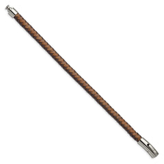 Chisel Stainless Steel Polished Brown Braided Leather 8.25 inch Bracelet SRB2762-8.25