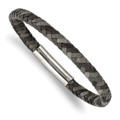 Chisel Stainless Steel Polished Black and Grey Braided Leather 8.25 inch Bracelet SRB2763-8.25