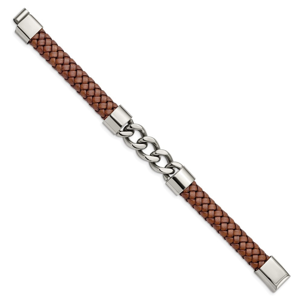 Chisel Stainless Steel Polished Chain and Braided Brown Leather 8.25 inch Bracelet SRB2764-8.25