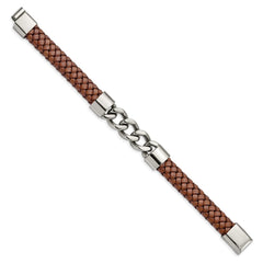 Chisel Stainless Steel Polished Chain and Braided Brown Leather 8.25 inch Bracelet SRB2764-8.25