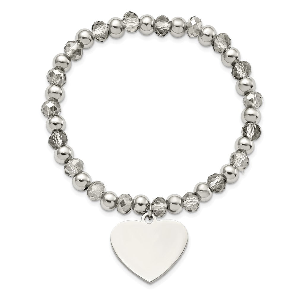 Chisel Stainless Steel Polished Heart Dangle 6mm Grey Glass Beaded Stretch Bracelet SRB2801