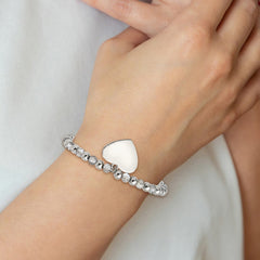 Chisel Stainless Steel Polished Heart Dangle 6mm Grey Glass Beaded Stretch Bracelet SRB2801