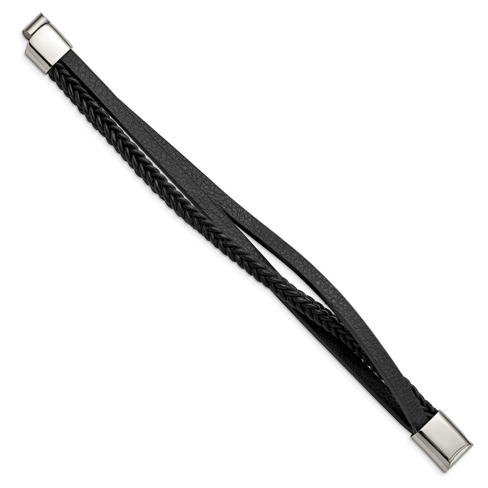 Chisel Stainless Steel Polished Multi Strand Black Leather 8.25 inch Bracelet SRB2828-8.25