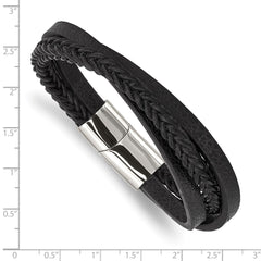 Chisel Stainless Steel Polished Multi Strand Black Leather 8.25 inch Bracelet SRB2828-8.25