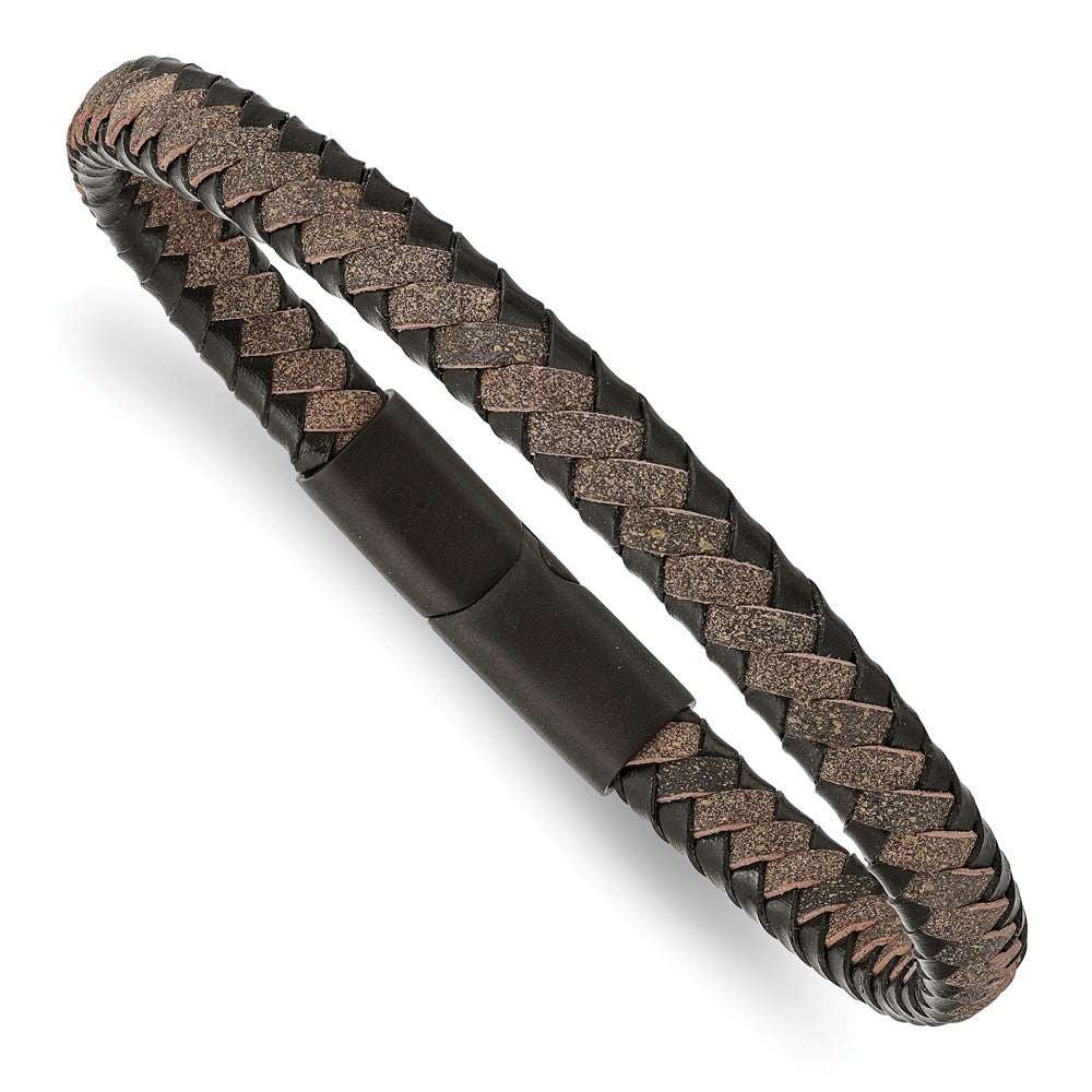 Chisel Stainless Steel Brushed Black IP-plated Black and Brown Braided Leather 8.25 inch Bracelet SRB2830-8.25
