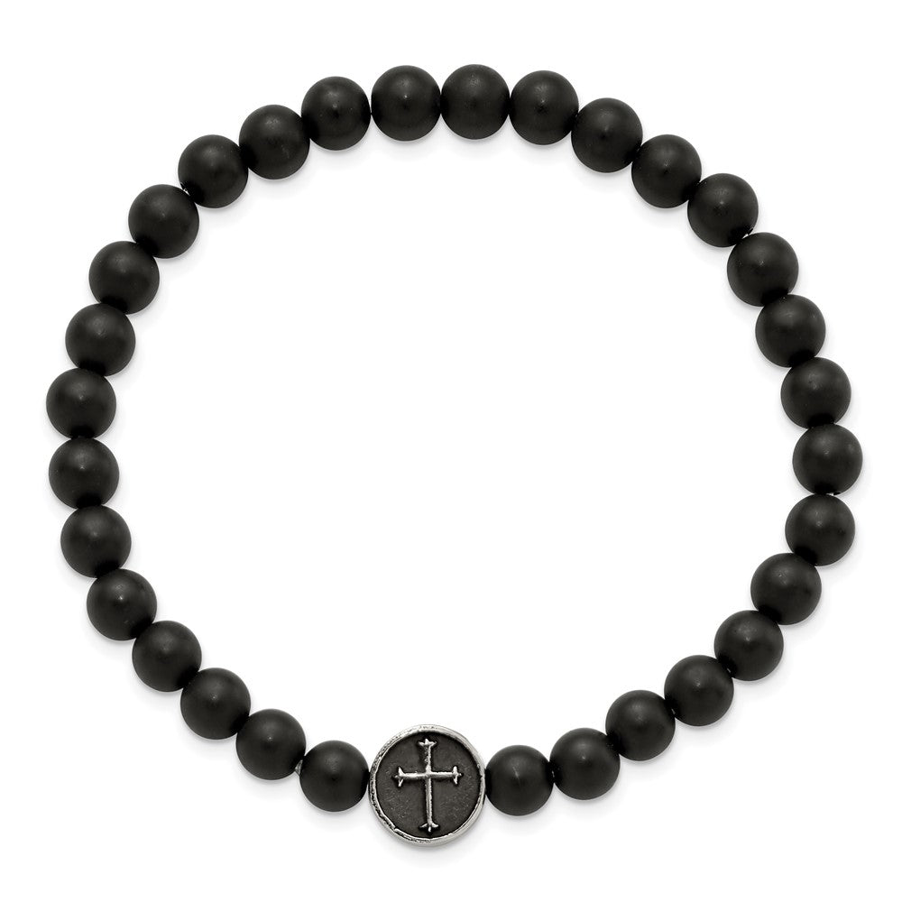 Chisel Stainless Steel Antiqued and Polished Cross 7mm Black Agate Beaded Stretch Bracelet SRB2857
