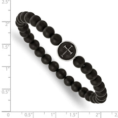 Chisel Stainless Steel Antiqued and Polished Cross 7mm Black Agate Beaded Stretch Bracelet SRB2857