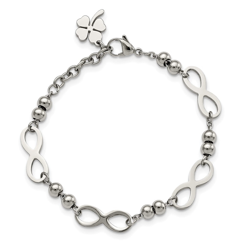 Chisel Stainless Steel Polished Infinity Symbol Link with 4 Leaf Clover Charm 6.5 inch Bracelet with 1 inch Extension SRB2879-6.5